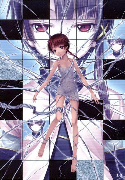 Anime picture 2404x3475 with serial experiments lain iwakura lain sayori tall image highres short hair light erotic brown hair brown eyes head tilt barefoot multiview bondage girl hairclip wire (wires) monitor