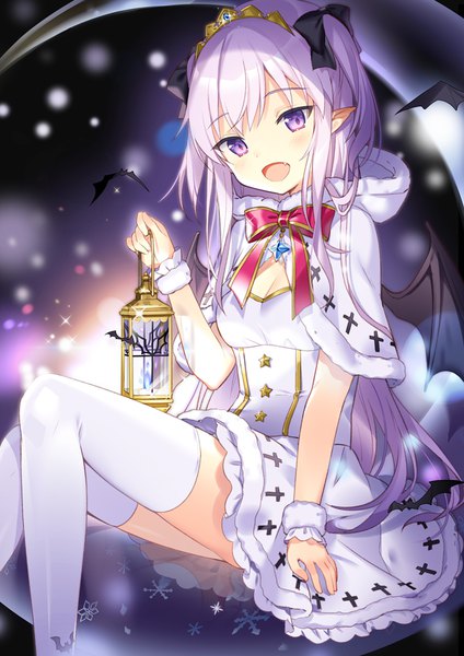 Anime picture 700x990 with uchi no hime-sama ga ichiban kawaii rie (reverie) single long hair tall image looking at viewer blush fringe breasts open mouth smile sitting purple eyes holding cleavage purple hair pointy ears blurry arm support sparkle