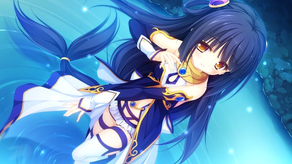 Anime picture 1920x1080 with kujiragami no tearstilla riru whale mikagami mamizu single long hair blush highres black hair smile wide image yellow eyes game cg girl dress hair ornament detached sleeves