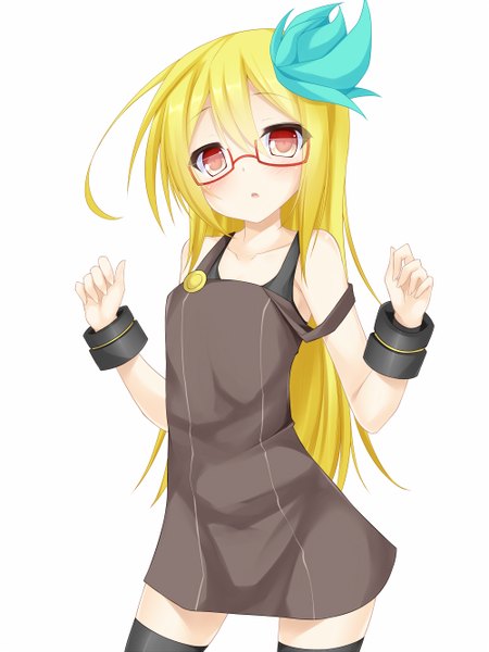 Anime picture 1000x1333 with original kimidori (ico) suterii single long hair tall image looking at viewer blush simple background blonde hair red eyes white background girl glasses sundress