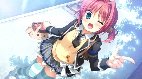 Anime picture 1920x1080 with imouto no okage de mote sugite yabai ikegami akane single looking at viewer blush highres short hair open mouth blue eyes wide image pink hair game cg one eye closed wink girl thighhighs uniform school uniform bag striped thighhighs