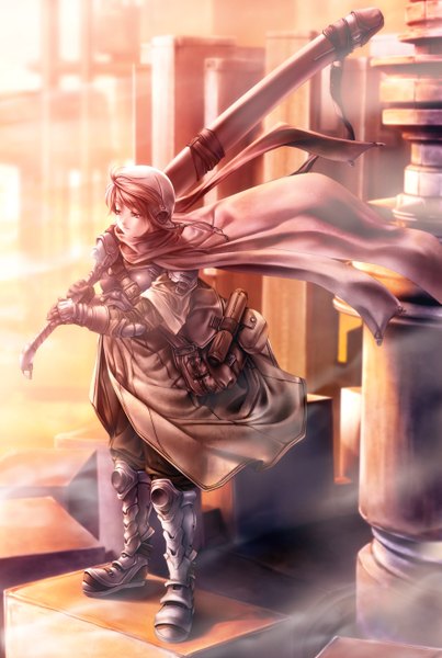 Anime picture 881x1310 with original rezi single tall image brown hair girl gloves weapon sword armor bag cloak