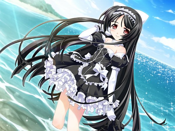 Anime picture 1024x768 with white - blanche comme la lune (game) long hair black hair red eyes game cg loli girl dress