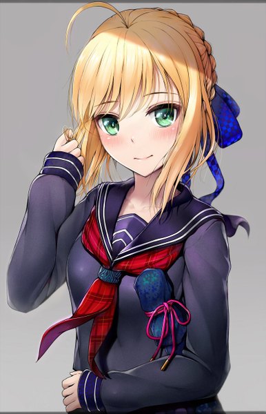 Anime picture 800x1242 with fate (series) fate/stay night type-moon artoria pendragon (all) saber hisahisahisahisa single tall image looking at viewer blush fringe short hair simple background blonde hair smile green eyes ahoge braid (braids) grey background alternate costume