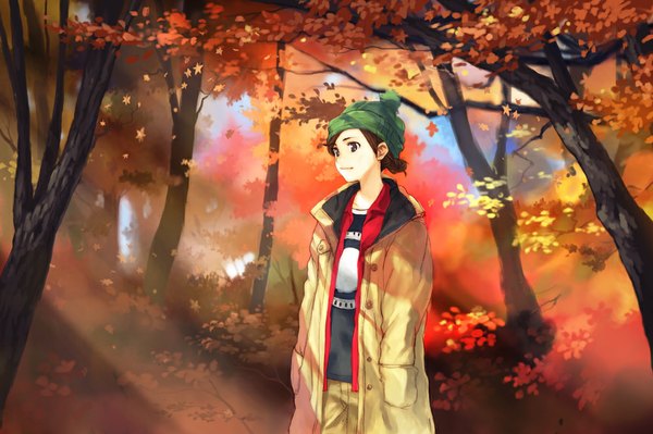 Anime picture 1000x666 with original hirokiku single short hair brown hair light smile black eyes landscape hands in pockets autumn girl plant (plants) tree (trees) coat forest cap