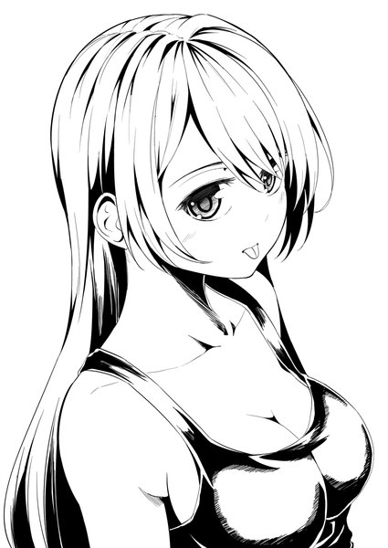 Anime picture 859x1214 with original nishigori atsushi single long hair tall image looking at viewer blush breasts simple background large breasts white background cleavage white hair grey eyes monochrome girl tongue t-shirt