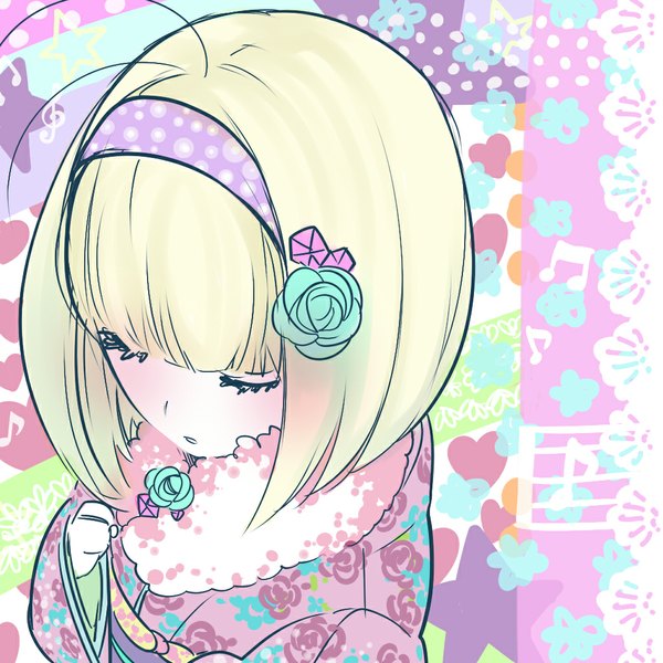 Anime picture 1024x1024 with ao no exorcist a-1 pictures moriyama shiemi tayuya1130 single blush short hair blonde hair eyes closed japanese clothes hair flower treble clef girl hair ornament flower (flowers) heart kimono star (symbol) star (stars) lace