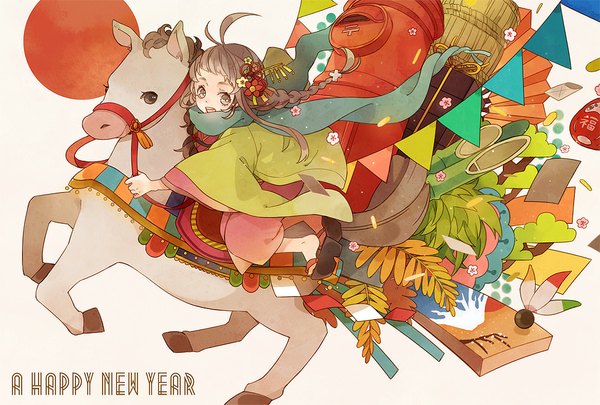 Anime picture 1000x675 with original anzu (astro75) single long hair fringe open mouth brown hair looking away ahoge braid (braids) traditional clothes japanese clothes twin braids new year happy new year riding 2014 girl flower (flowers) plant (plants)
