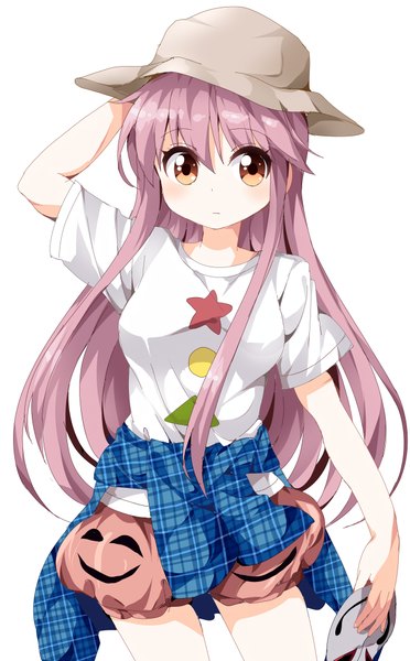 Anime picture 620x1000 with touhou hata no kokoro ruu (tksymkw) single long hair tall image looking at viewer blush fringe simple background red eyes white background pink hair arm behind head adapted costume girl hat mask t-shirt fox mask