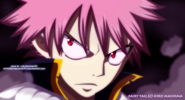 Anime picture 1000x543 with fairy tail natsu dragneel seireiart single short hair red eyes wide image pink hair inscription coloring portrait close-up smoke face boy