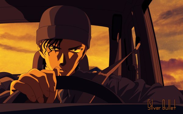 Anime picture 1680x1050 with detective conan akai shuuichi short hair black hair wide image brown eyes sky boy hat ground vehicle cap car