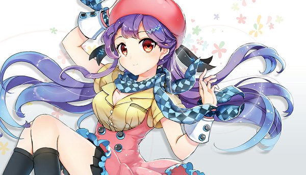 Anime picture 1100x629 with vocaloid xin hua sibyl single long hair looking at viewer blush fringe red eyes wide image purple hair light smile checkered scarf girl socks scarf black socks wrist cuffs beret