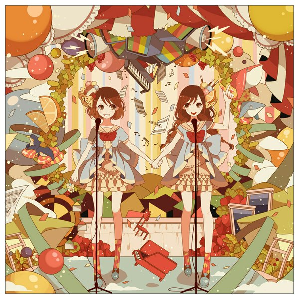 Anime picture 1150x1150 with original sunaya (artist) long hair fringe short hair brown hair standing holding brown eyes holding hands happy dress food shoes bowtie fruit microphone microphone stand piano megaphone