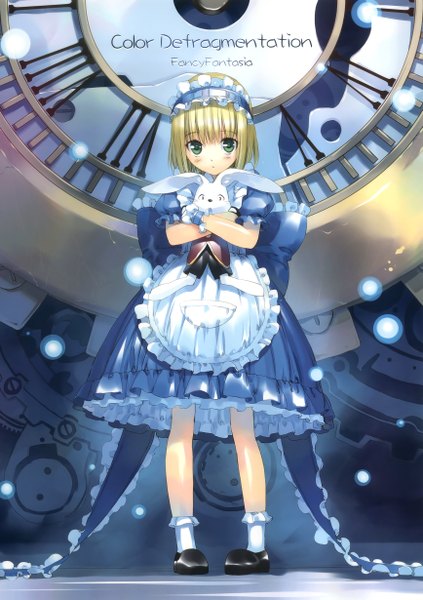 Anime picture 1736x2460 with alice in wonderland alice (wonderland) white rabbit ueda ryou tall image looking at viewer blush highres short hair blonde hair standing green eyes girl dress hair ornament bow hair bow animal socks shoes