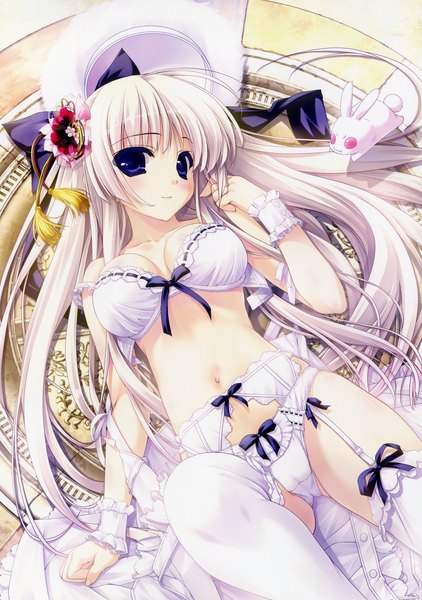 Anime picture 2452x3483 with prism recollection original ashwin aina aina ashwin shintarou single long hair tall image highres blue eyes light erotic purple eyes bare shoulders cleavage white hair underwear only cameltoe girl thighhighs navel
