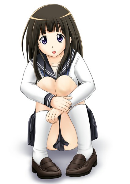 Anime picture 800x1130 with hyouka kyoto animation chitanda eru fuuma nagi single long hair tall image looking at viewer open mouth light erotic black hair simple background white background purple eyes girl socks serafuku white socks