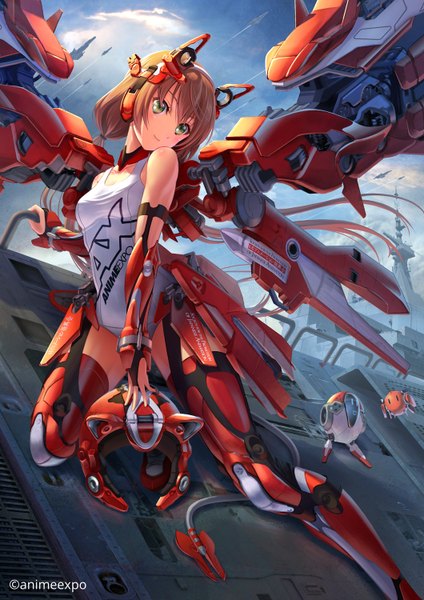 Anime picture 1060x1500 with original pinakes single long hair tall image looking at viewer blush smile brown hair green eyes flying mechanical mechanical wings girl swimsuit wings helmet robot white school swimsuit