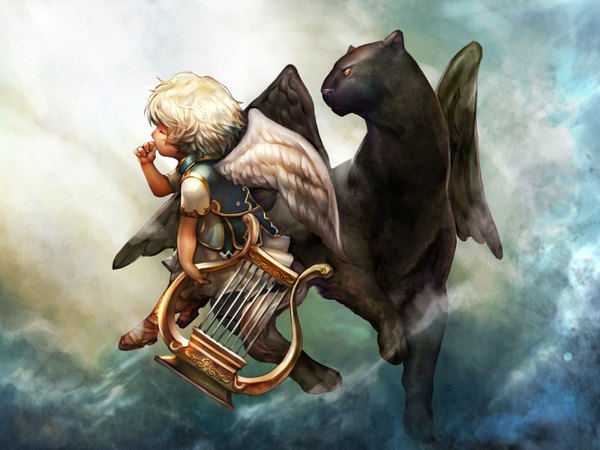 Anime picture 2664x2000 with original cupid gd choco highres short hair sky white hair eyes closed profile realistic angel wings angel boy animal wings musical instrument child (children) sandals harp panther