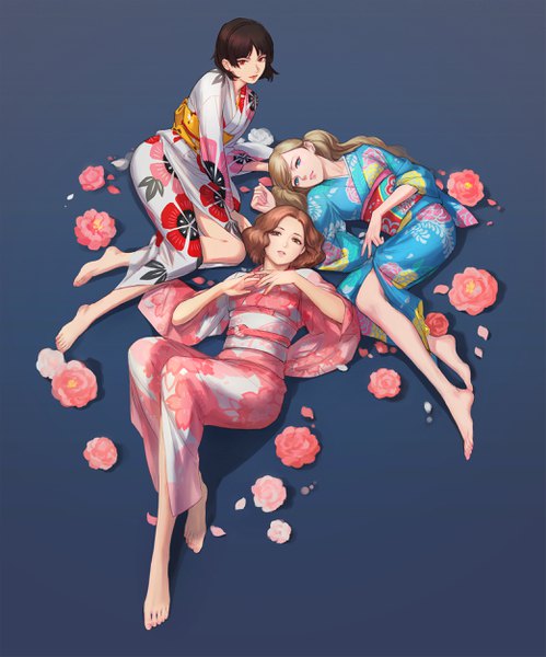 Anime picture 2081x2501 with persona 5 persona takamaki anne niijima makoto okumura haru qingxingzhen long hair tall image looking at viewer highres short hair blue eyes blonde hair simple background red eyes brown hair twintails multiple girls brown eyes full body