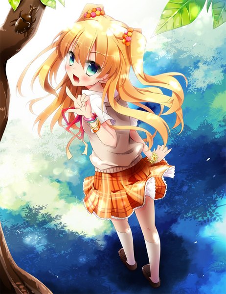 Anime picture 770x1000 with idolmaster idolmaster cinderella girls jougasaki rika natsuki yuu (amemizu) single long hair tall image blush open mouth blue eyes blonde hair looking back two side up girl skirt uniform school uniform socks bracelet insect