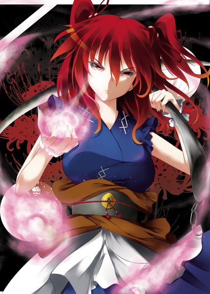 Anime picture 1000x1399 with touhou onozuka komachi fuyuno taka (artist) single tall image short hair red eyes red hair two side up magic girl dress flower (flowers) weapon scythe