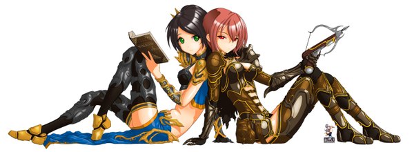 Anime picture 6000x2200 with diablo (game) blizzard entertainment evilflesh (artist) looking at viewer highres short hair black hair simple background red eyes wide image white background multiple girls green eyes absurdres red hair light smile girl gloves weapon 2 girls