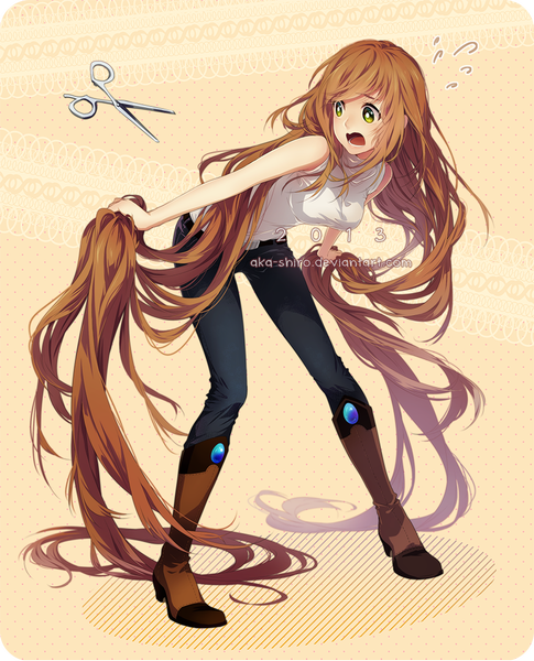 Anime picture 900x1112 with original mahel (original) aka-shiro single tall image open mouth brown hair signed yellow eyes full body very long hair sleeveless girl thigh boots jeans scissors