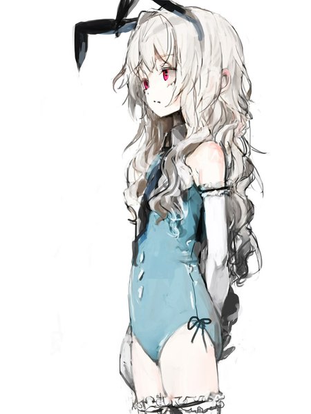 Anime picture 750x1000 with original korera single long hair tall image blush fringe light erotic simple background red eyes standing white background bare shoulders animal ears white hair bunny ears fake animal ears wavy hair girl gloves