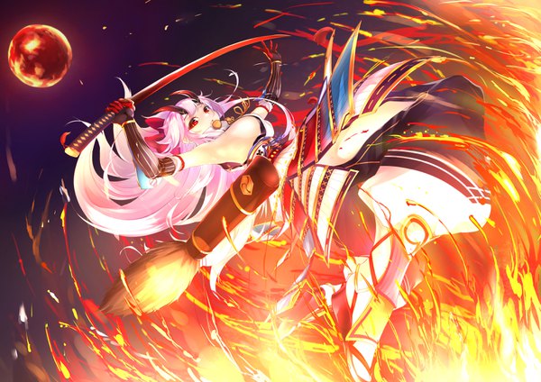 Anime picture 3307x2339 with fate (series) fate/grand order tomoe gozen (fate) moainulove2 single highres breasts light erotic red eyes large breasts pink hair absurdres horn (horns) sideboob spread arms red moon girl bow weapon hair bow