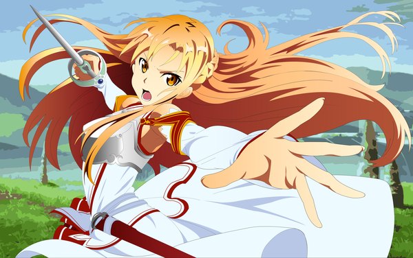 Anime picture 15918x10000 with sword art online a-1 pictures yuuki asuna dpghoastmaniac2 single long hair highres open mouth brown hair brown eyes absurdres sky cloud (clouds) coloring mountain angry incredibly absurdres girl dress weapon