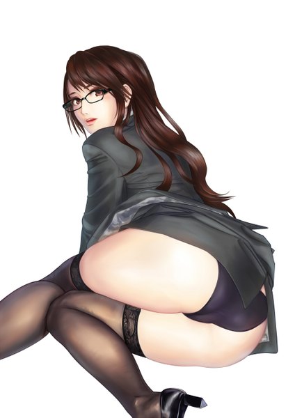 Anime picture 1000x1414 with nakacha single long hair tall image looking at viewer blush open mouth light erotic brown hair brown eyes ass looking back lips turning head cameltoe girl thighhighs underwear panties black thighhighs