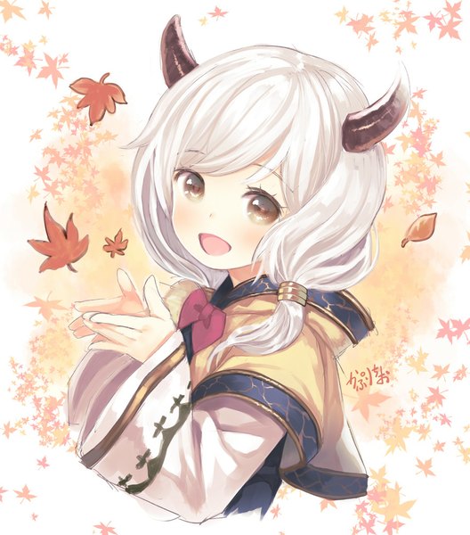 Anime picture 881x1000 with granblue fantasy camieux kumuyu capriccio single long hair tall image looking at viewer blush fringe open mouth smile twintails brown eyes upper body white hair :d horn (horns) text low twintails