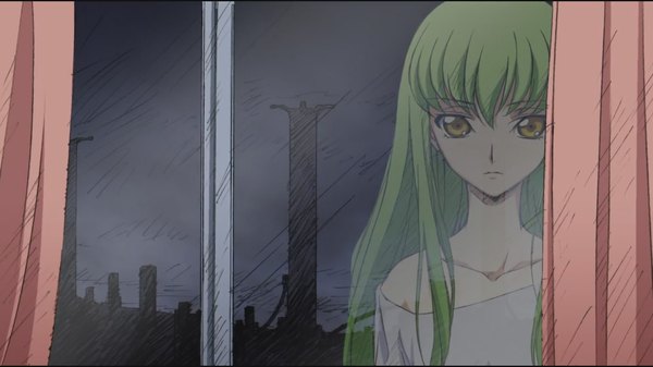 Anime picture 1920x1080 with code geass sunrise (studio) c.c. single long hair looking at viewer fringe highres wide image yellow eyes indoors green hair night night sky reflection girl window cap