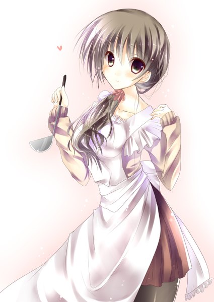 Anime picture 2149x3035 with original amane ruri single long hair tall image looking at viewer blush highres black hair simple background brown eyes girl apron