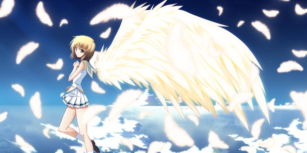 Anime picture 1200x600 with soranica ele (game) izumi mahiru brown hair wide image brown eyes game cg girl wings
