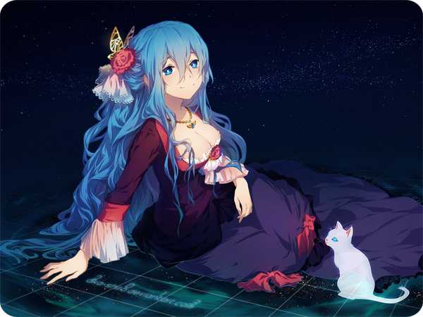 Anime picture 1200x900 with original aka-shiro single long hair blue eyes smile sitting signed blue hair cleavage very long hair hair flower light smile dark background wavy hair reclining ghost space transparent dress