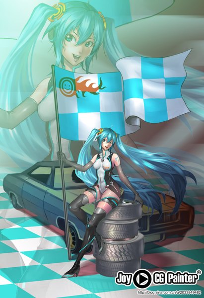 Anime picture 2818x4106 with vocaloid hatsune miku joycgpainter (artist) single long hair tall image highres open mouth twintails aqua eyes aqua hair zoom layer checkered girl ground vehicle flag car checkered flag