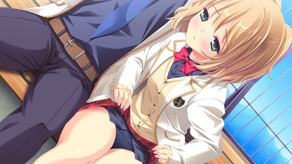 Anime picture 1920x1080 with melty moment amane natsuki blush highres short hair light erotic blonde hair wide image sitting green eyes game cg couple girl boy uniform swimsuit school uniform necktie