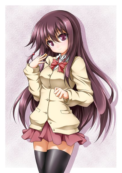 Anime picture 1240x1754 with saki matsumi kuro nano-take single long hair tall image purple eyes purple hair girl thighhighs skirt uniform black thighhighs school uniform miniskirt bowtie