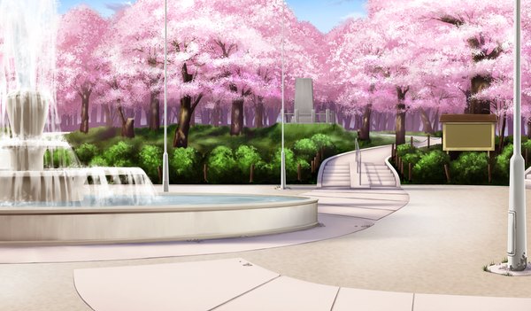 Anime picture 1024x600 with da capo iii wide image game cg sky cloud (clouds) cherry blossoms no people landscape plant (plants) tree (trees) fountain