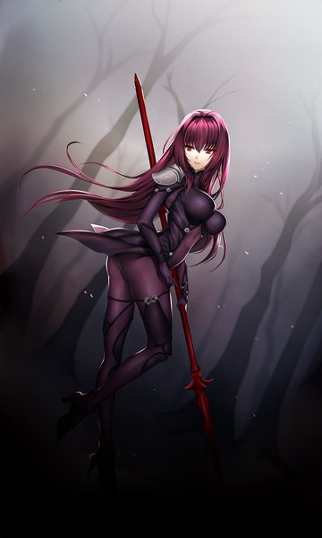 Anime picture 1000x1667 with fate (series) fate/grand order scathach (fate) (all) scathach (fate) mallizmora single long hair tall image fringe breasts light erotic hair between eyes red eyes looking away purple hair full body bent knee (knees) ass very long hair grey background