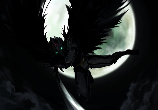 Anime picture 1200x837 with karas otoha (karas) cloud (clouds) night glowing dark background weapon sword wings armor moon full moon