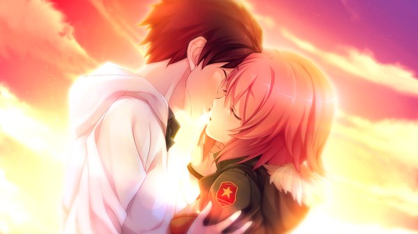 Anime picture 1280x720 with innocent bullet kanzaki sayaka (innocent bullet) short hair black hair wide image pink hair game cg sky cloud (clouds) eyes closed couple almost kiss girl boy