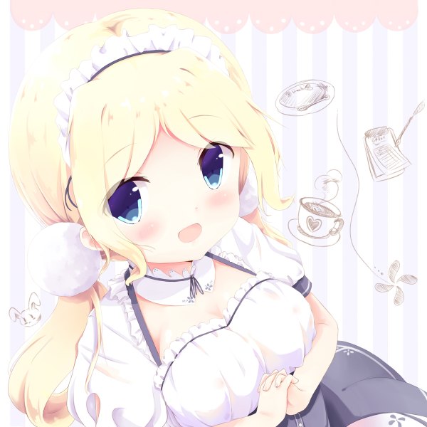 Anime picture 1200x1200 with original kittipat jituatakul single long hair looking at viewer blush open mouth blue eyes blonde hair twintails from above maid loli low twintails hands clasped striped background girl uniform hair ornament headdress