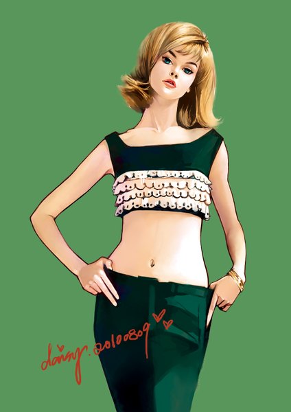 Anime picture 1061x1500 with original daisy (artist) single tall image looking at viewer fringe short hair open mouth simple background blonde hair green eyes lips sleeveless green background girl navel bracelet
