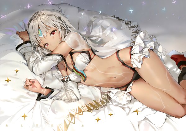 Anime picture 5522x3893 with fate (series) fate/grand order altera (fate) anmi single looking at viewer highres short hair light erotic red eyes absurdres bent knee (knees) lying nail polish fingernails grey hair scan sparkle midriff dark skin