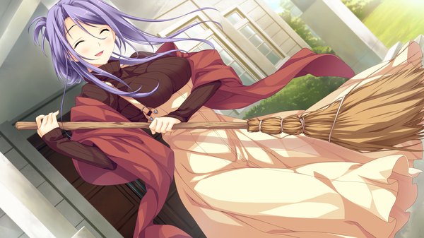 Anime picture 2560x1440 with kanojo to ore to koibito to kozumi chikage marui (koedame) long hair blush highres smile wide image game cg purple hair eyes closed girl dress broom