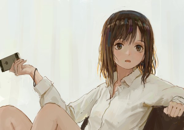 Anime picture 4093x2894 with original apple inc. shion (mirudakemann) single fringe highres short hair open mouth simple background brown hair white background sitting brown eyes looking away absurdres outstretched arm open collar girl shirt white shirt