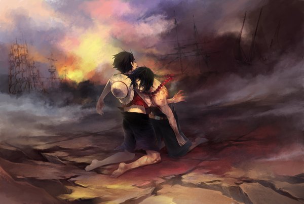 Anime picture 1750x1176 with one piece toei animation monkey d. luffy portgas d. ace kimaku (artist) highres black hair barefoot torn clothes smoke injury cuts boy hat blood beads straw hat watercraft ship