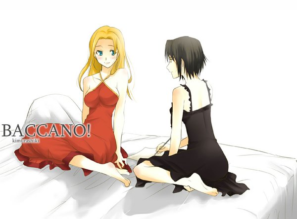 Anime picture 1024x758 with baccano! chane laforet miria harvent kimurashiki (artist) long hair blush short hair blue eyes black hair simple background blonde hair smile white background sitting bare shoulders multiple girls barefoot from behind drawing girl
